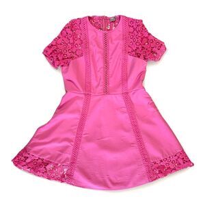 ASOS Fit Flare Crocheted Lace Scuba Dress Sz 12 Barbie Pink Short Sleeve Cottage